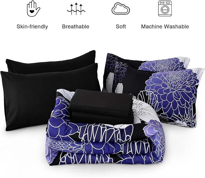 Yiran Floral Comforter Set Queen 7 Pieces Bed in a Bag Purple White Black Flower Comforter Soft Microfiber Bedding Sets for All Seasons 90"×90"