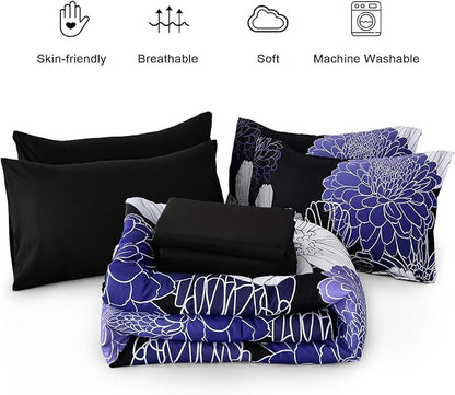 Yiran Floral Comforter Set Queen 7 Pieces Bed in a Bag Purple White Black Flower Comforter Soft Microfiber Bedding Sets for All Seasons 90"×90"