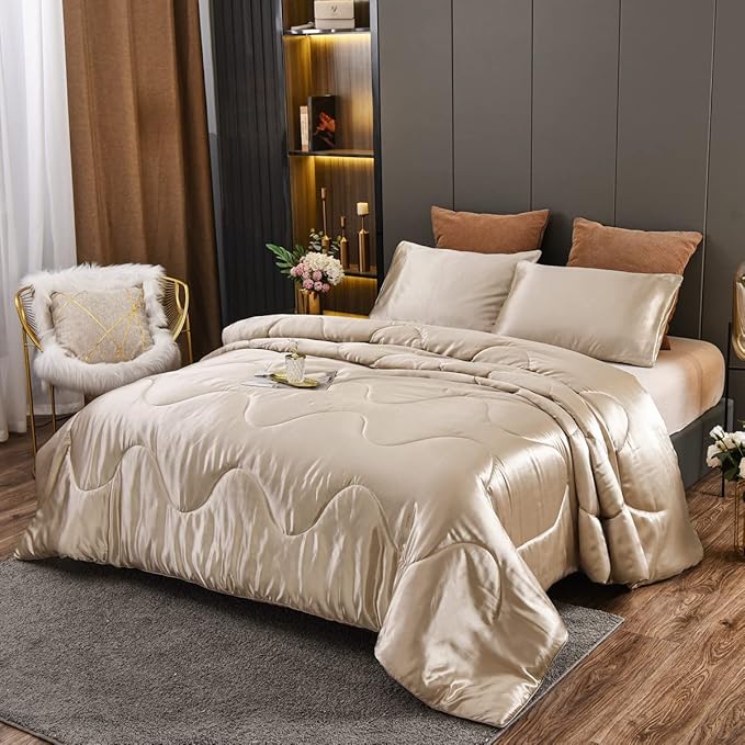 NTBED Silky Satin Comforter Set Queen Champagne, Soft Lightweight Microfiber Luxury Sexy Quilted Bedding Sets with 2 Matching Pillow Covers for Summer Spring Autumn