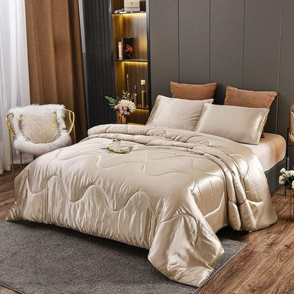 NTBED Silky Satin Comforter Set Queen Champagne, Soft Lightweight Microfiber Luxury Sexy Quilted Bedding Sets with 2 Matching Pillow Covers for Summer Spring Autumn