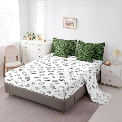 Green Camo 7Pcs Comforter Set King,Army Green Camouflage Bedding Set for Kids Boys Teens Men Room Decor,Geometric Grid Patchwork Fitted Flat Sheet Reversible Gamepad 2 Throw Pillow,2 Pillowcases