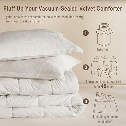 HYPREST Velvet Comforter King,3 Pcs Luxury Elegant Velvet Duvet,Ultra Soft White Bedding Comforter Sets