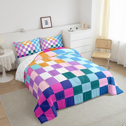 Feelyou Multicolored Checkered Retro Bedding Set Kids Boys Girls Geometric Vintage Comforter Set Full Size Rainbow Colorful Soft Duvet Insert Modern Simple Groovy Aesthetic Room Decor