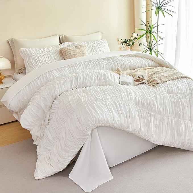 PERFEMET White Bedding King Size Set, 5 Pieces Fluffy Ruched Comforter Set (104"x90"), Luxury Soft Boho Chic Ruffled Bed in a Bag with Sheet, All Season Farmhouse Pleated Texture Bed Sets(White, King)