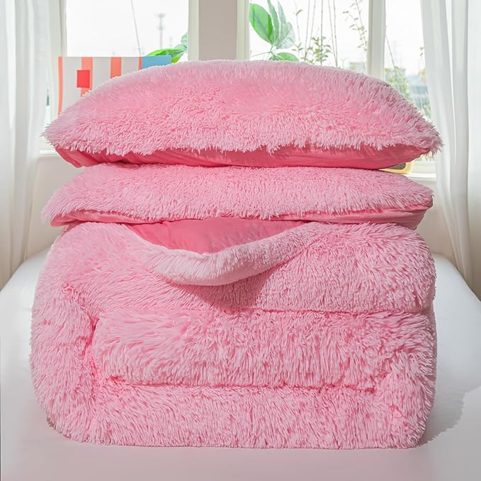 chovy Faux Fur Plush Light Pink Comforter Sets King - Ultra Soft Shaggy Flannel Velvet Fluffy Fuzzy 3PC Bedding Set （Comforter x 1 Pillowcases x 2）