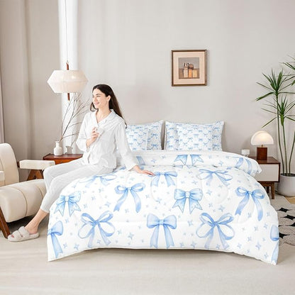 Erosebridal Bowknot Girls Blue Kawaii 7 Piece Bedding Set Twin | Cute Bow Comforter Set with Sheets Princess Bed in A Bag Starry Bed Sets