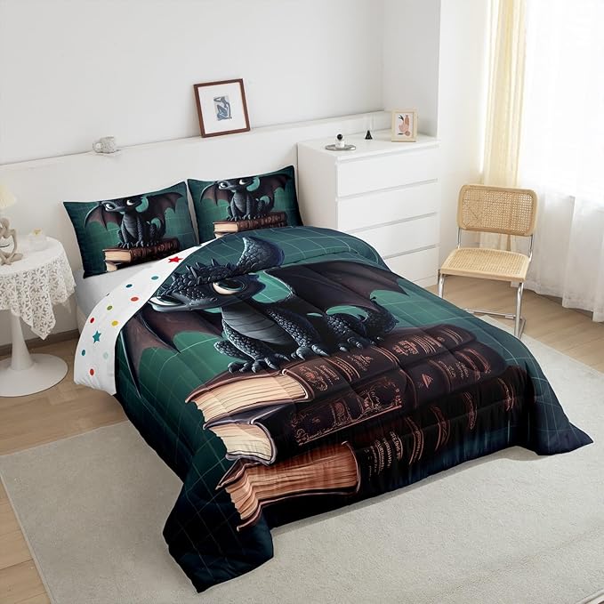 Manfei Kawaii Dragon Bedding Comforter Sets Queen,Cute Little Dragon Reading Books Bedding Set for Bedroom Decoration,Green Grids Geometric Checker with 1 Comforter and 2 Pillow Cases Bedroom Decor