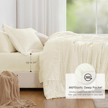 Love's cabin Seersucker Ivory Twin XL Comforter Set, 5-Piece All Season Lightweight Bed in a Bag Bedding Set with Comforter, Flat Sheet, Fitted Sheet, Pillowcase and Sham | Soft, Breathable, Lightweight
