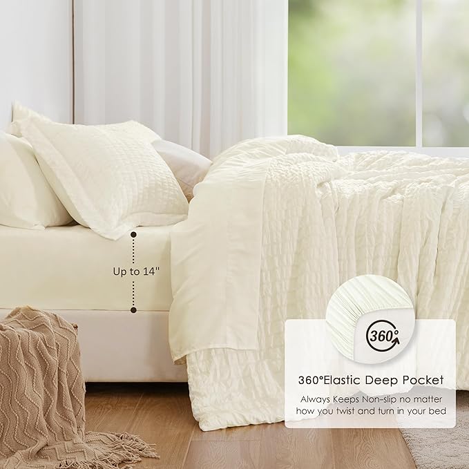 Love's cabin Seersucker Ivory Full Comforter Set, 7-Piece All Season Lightweight Bed in a Bag Bedding Set with Comforter, Flat Sheet, Fitted Sheet, Pillowcases and Shams | Soft, Breathable, Lightweight