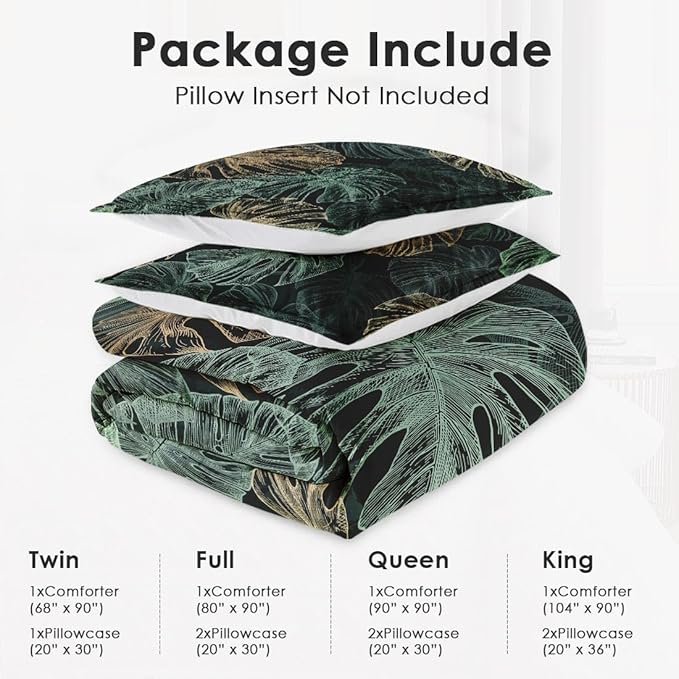 Queen Size Comforter Set with 2 Pillowcases, Green Tropical Leaves 3 Pcs Bedding for Kids and Adults, Monstera Palm Leaf Soft Comforter Set for Bedroom Bed Decor