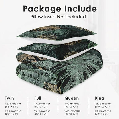 King Size Comforter Set with 2 Pillowcases, Green Tropical Leaves 3 Pcs Bedding for Kids and Adults, Monstera Palm Leaf Soft Comforter Set for Bedroom Bed Decor