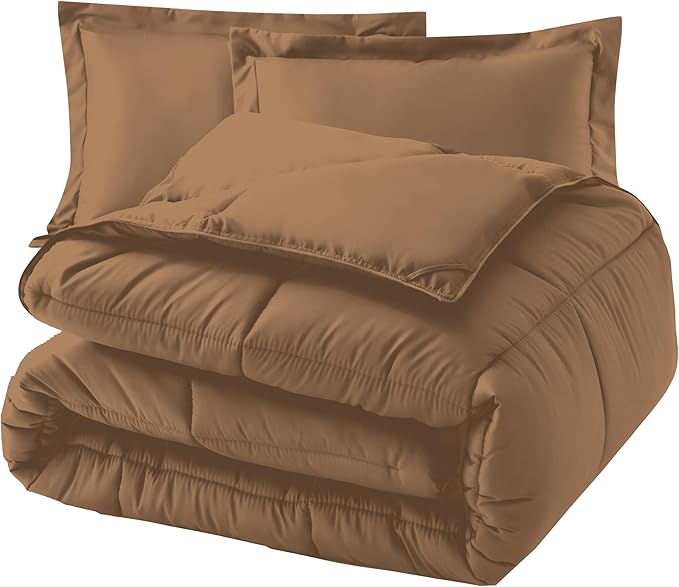 Elegant Comfort 3-Piece Box Stitched Down Alternative Comforter with Shams - Ultra Soft for All Season Duvet Insert with Corner Tabs, Plush Cozy 3PC Comforter Set, King, Khaki