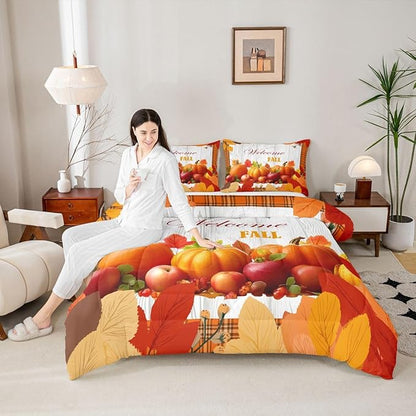 Pumpkin Comforter Set Queen Happy Fall Bedding Set Thanksgiving Day Harvest Season Comforter Gifts For Kids Teen Adults,Orange Buffalo Plaid Quilt Duvet Rustic Farmhouse Home Room Decor 2 Pillow Cases
