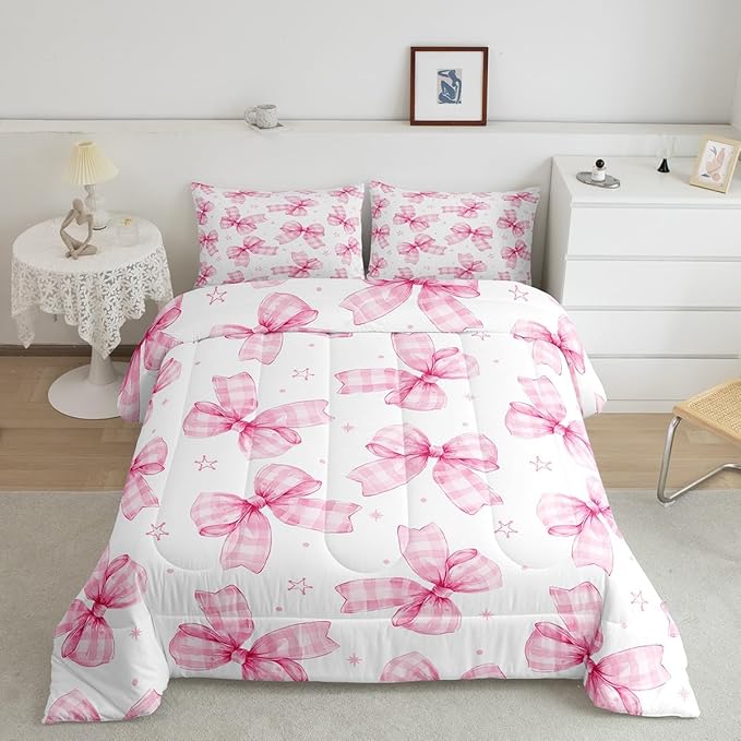 Feelyou Cute Bowknot Comforter Set King Size Plaid Bow Bedding Set Pink Girls Bow Comforter Kawaii Duvet Set Lovely Quilt Set 3Pcs