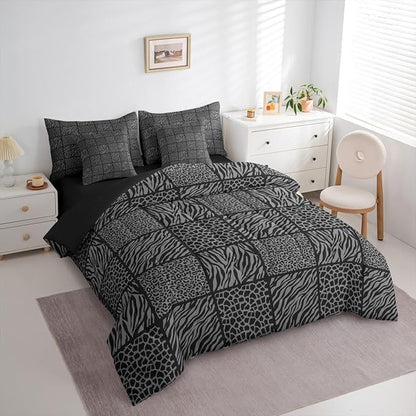 Wildlife Animals Fur Print 7 Pieces Comforter Set,Cheetah Zebra Skin Bedding Set Full Size for Room Decor,Grey Black Texture Comforter for Boys Girls Super Soft Fade Resistant Microfiber Bedding