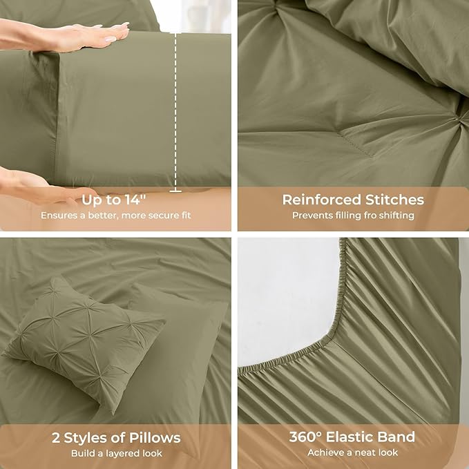 Sasttie Full Size Comforter Set, 7-Piece Bed in a Bag, Pintuck Bedding Sets for All Season, Includes Comforter, Flat Sheet, Fitted Sheet, Pillowcases and Pillowshams, Olive Green
