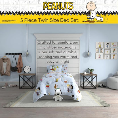 Peanuts Charlie Brown, Snoopy & Gang Bedding, 5 Piece Super Soft Cozy Reversible Comforter and Sheet Set with Sham, Twin, (100% Official Licensed Product) by Franco Collectibles