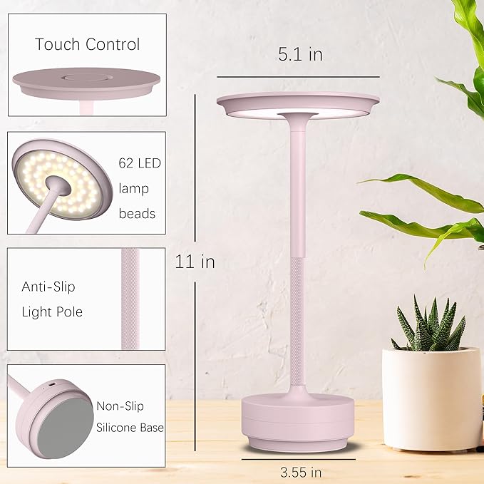 Rechargeable Cordless Table Lamps, 5000mAh Portable LED Table Light, 3 Color Stepless Dimming Battery Powered Metal Table Lamp for Outdoor Patio/Bedroom/Restaurant.(Light Pink)