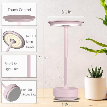 2 Pack Rechargeable Cordless Table Lamps, Portable 5000mAh LED Table Light, 3 Color Stepless Dimming Battery Powered Metal Table Lamp for Outdoo/Restaurant/Home/Patio.(Light Pink)