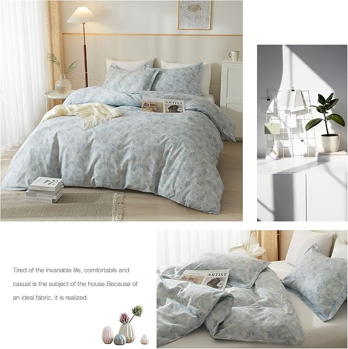 mixinni 3pcs Boho Floral Comforter Set Full Size, Botanical Blue Flowers Leaves Cute Bedding Comforter Sets for Women, 1 Soft Garden Style Comforter and 2 Pillowcases for All Seasons