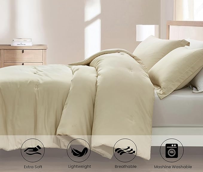 Chezmoi Collection Cliff 3-Piece Lightweight Cooling Comforter Set, King - Rayon Derived from Bamboo & Polyester Blended, Soft Breathable Bedding for Hot Sleepers, Sand
