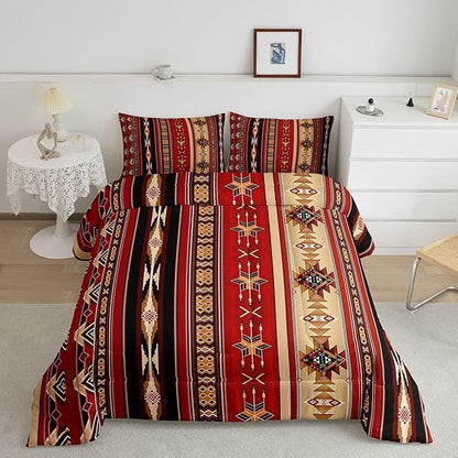 Erosebridal Aztec Quilt Ethnic Tribal Arrow Comforter Set,Retro Southwest Native Bohemian Bedding Set King,Western Star Geometric Sriped Duvet Insert African Tribe Exotic Nordic Style,Red and Black