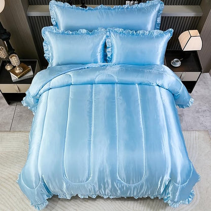 Satin King Comforter Silk Like Baby Blue Bedding 4 Pcs Hotel Soft Polyester Bed Set Luxury Silky Body Pillow Cover Ruffle Home Decor