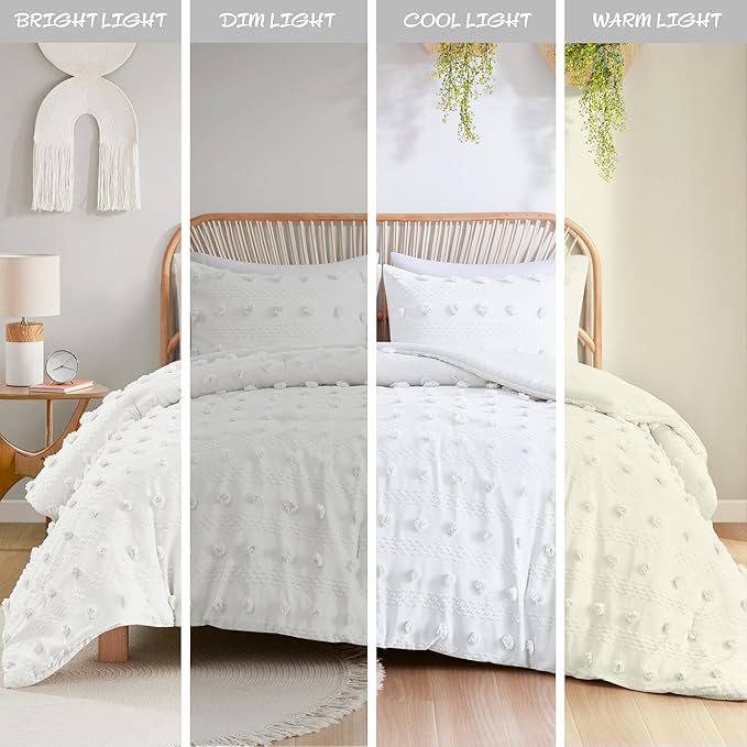 Intelligent Design King Comforter Set, Clipped Jacquard Comforter Set Chic Pompoms Accent, All Seasons Lightweight & Fluffy Comforter Bed Set with 2 Shams, Lucy, King/Cal King Ivory 3 Piece
