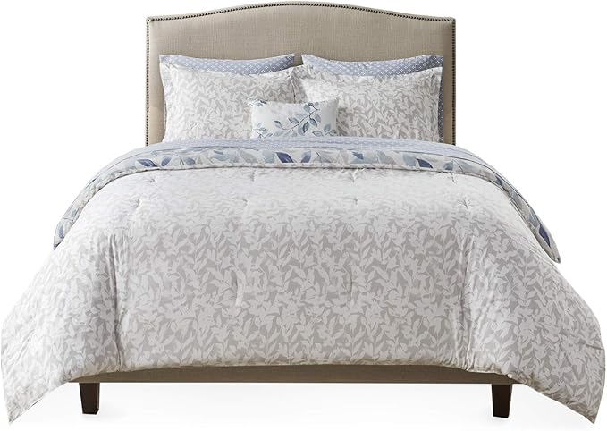 Madison Park Essentials Cozy Bed in a Bag Reversible Comforter with Complete Sheet Set - Modern Botanical Print All Season Cover, Shams, Decorative Pillow, Full(78"x86"), Blue 8 Piece