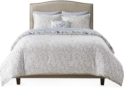 Madison Park Essentials Cozy Bed in a Bag Reversible Comforter with Complete Sheet Set - Modern Botanical Print All Season Cover, Shams, Decorative Pillow, Cal King(104"x92"), Blue 8 Piece