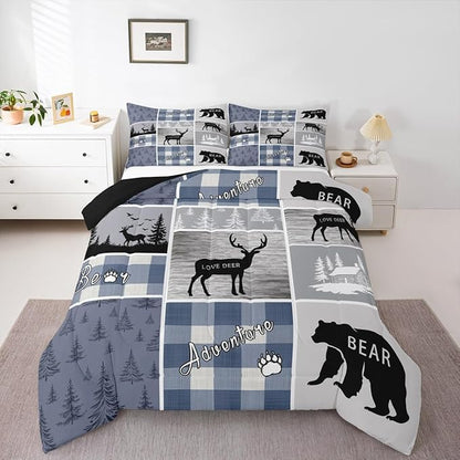 Erosebridal Kids Deer Bear Comforter Set, Rustic Farmhouse Quilt Vintage Adventure Camping Bedding Full Size for Boys Teens Adult,Retro Cabin Lodge Plaid Duvet Insert Deer Gifts for Girls,Blue Grey