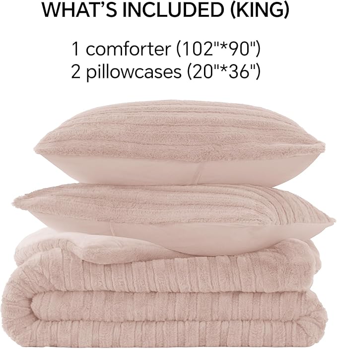 BEDELITE Fleece King Comforter Set -Super Soft & Warm Fluffy Pink Faux Fur Bedding, Luxury Fuzzy Heavy Bed Set for Winter with 2 Pillow Cases