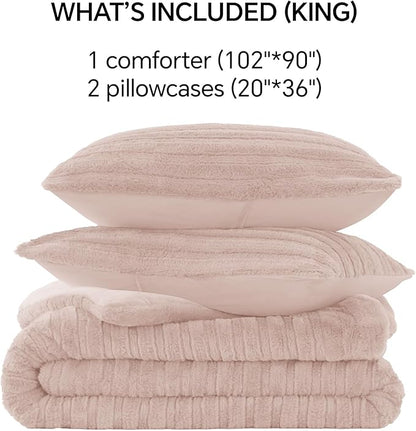 BEDELITE Fleece King Comforter Set -Super Soft & Warm Fluffy Pink Faux Fur Bedding, Luxury Fuzzy Heavy Bed Set for Winter with 2 Pillow Cases