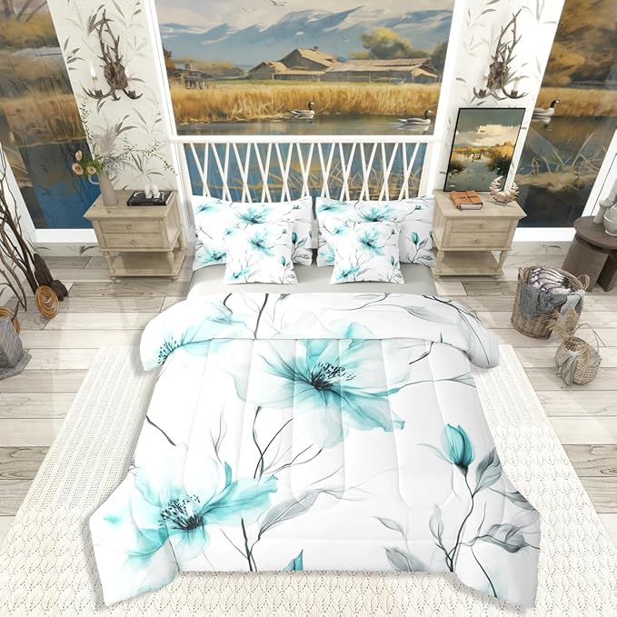 Erosebridal Teal Flower Queen Comforter Set with Sheets for Women, Bohemian Floral 7 Pcs Bedding Set, Watercolor Flower Artistic Bed in A Bag for Girls, Ink Painting Style Blossom & Leaf Bed Sets