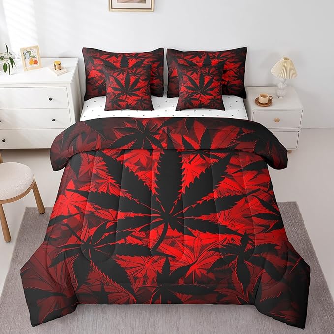 Erosebridal 7 Pcs Comforter Set, Full Size, Neon Bed in a Bag with Flat Sheet and Fitted Sheet for Kids and Adults, Leaf Bedding Set with Pillowcases and Cushion Cases