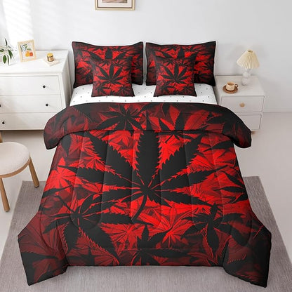 Erosebridal 7 Pcs Comforter Set King Size, Neon Bed in a Bag with Flat Fitted Sheet for Kids and Adults, Leaf Bedding Set with Pillowcases and Cushion Cases