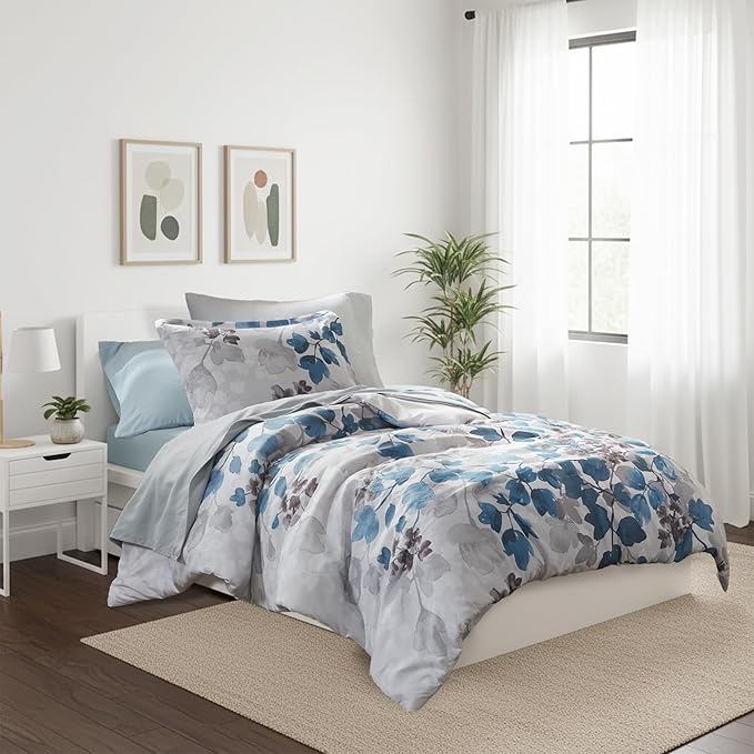 Twin Comforter Set Blue Bed Set, 6 Pieces Cute Floral Bedding Set Ultra Soft Botanical Flowers Comforter, Sheets, Pillowcase & Sham