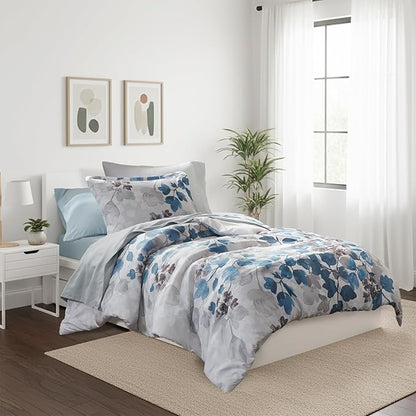 Twin Comforter Set Blue Bed Set, 6 Pieces Cute Floral Bedding Set Ultra Soft Botanical Flowers Comforter, Sheets, Pillowcase & Sham