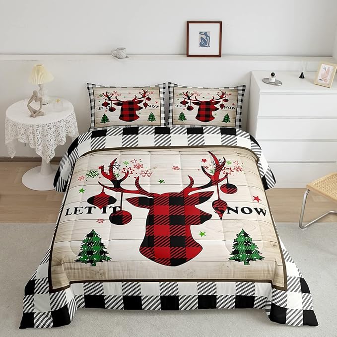 Christmas Plaid Comforter Set Twin Size,Red Black Reindeer Bedding for Kids Teens Adults Home Room Decor,Rustic Farmhouse Style Quilted Duvet Vintage Snowflake Pine Bedspread,1 Pillowcase