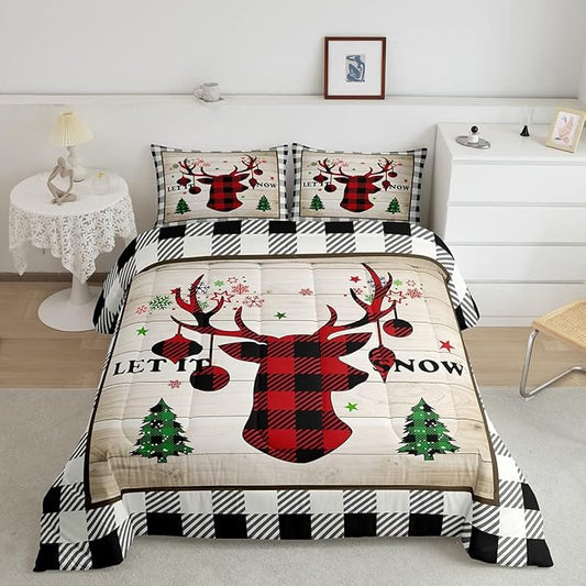 Christmas Plaid Comforter Set Twin Size,Red Black Reindeer Bedding for Kids Teens Adults Home Room Decor,Rustic Farmhouse Style Quilted Duvet Vintage Snowflake Pine Bedspread,1 Pillowcase