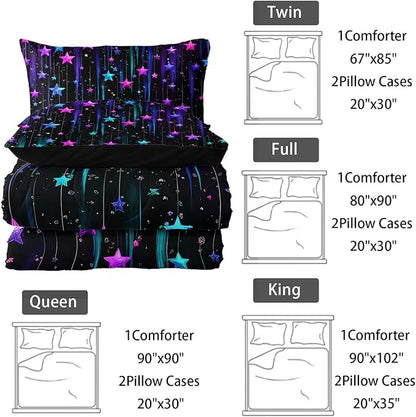 Colorful Stars Comforter Set Queen Size,Galaxy Starry Printed Bedding Set for Men Women Adults,Colorful Stars Room Decor with Soft and Lightweight Comforter and 2 Pillowcases