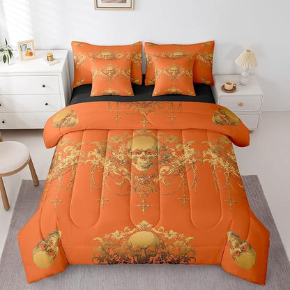 Erosebridal Gothic 7 Piece Comforter Set Full Bed in a Bag,Goth Sugar Skull Orange Yellow Damask Bedding Set,Bohemian Vintage Floral Comforter and Sheet Set,Exotic Antique Victorian Baroque Decor