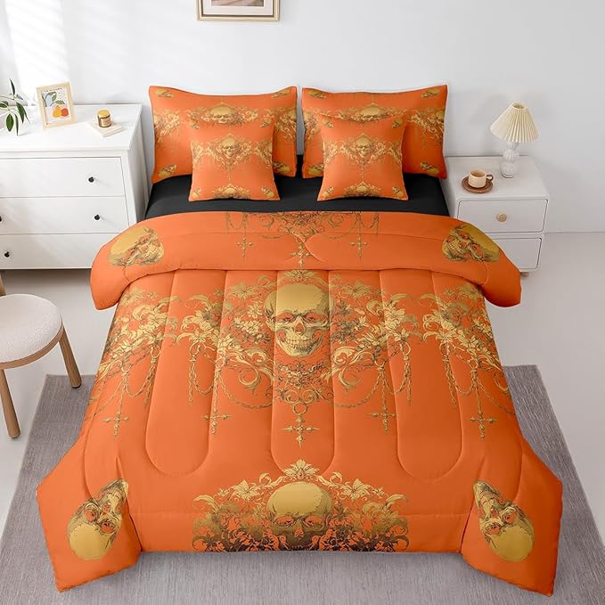 Erosebridal Gothic Bed in a Bag Queen Comforter Set 7 Piece,Goth Sugar Skull Orange Yellow Damask Bedding Set,Bohemian Vintage Floral Comforter and Sheet Set,Exotic Antique Victorian Baroque Decor