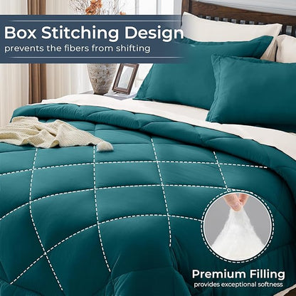 HEVUMYI Full Comforter Set - 7-Piece All Season Bed in a Bag Full, Ultra Soft Bedding Set with Comforter, Flat Sheet, Fitted Sheet, Pillowcases, Pillow Shams, Peacock Blue & Ivory