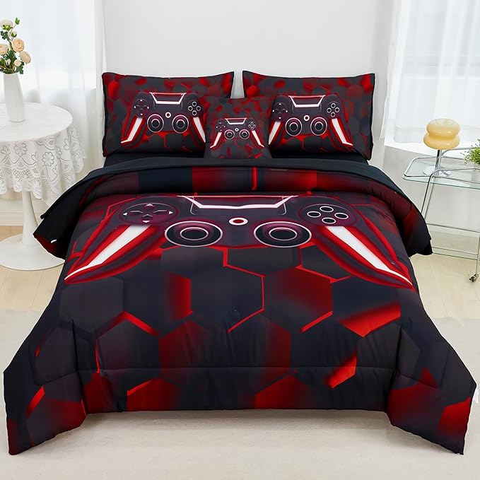 URBONUR Game Comforter Sets for Boys Teens 6Pcs Full Size Game Console Bedding Set for Kids Teenage Men Bedroom Decor Children Bed Comforters(Black Red, Full)