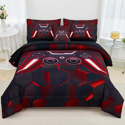 URBONUR Game Comforter Sets for Boys Teens 6Pcs Full Size Game Console Bedding Set for Kids Teenage Men Bedroom Decor Children Bed Comforters(Black Red, Full)