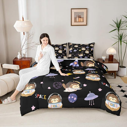 Cartoon Hedgehog Astronaut Comforter Set,Space Planet Bedding Set Kids Teens Modern Decor,Spaceship Starry Sky Comforter with 1 Pillowcase for All Seasons,Twin