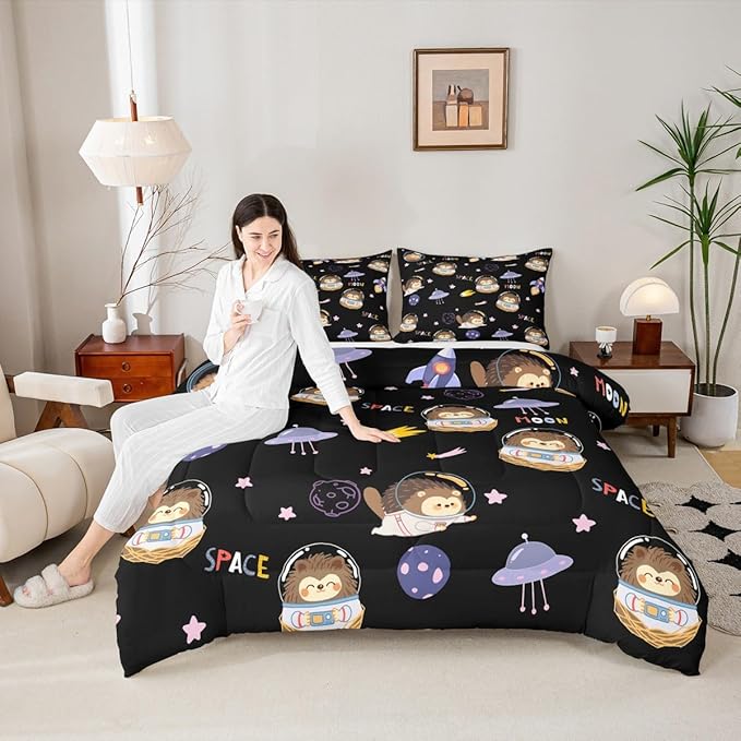 Castle Fairy Spaceship Starry Sky Bed Comforter Set Queen Size,Space Planet Super Soft Microfiber Bedding Set for Adults Teens,Cartoon Hedgehog Astronaut Comforter Set,2 Pillowcases