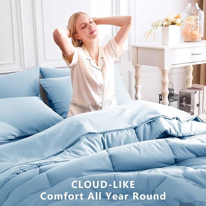 CozyLux King Size Comforter Set Baby Blue, 7 Pieces Bed in a Bag, Blue Comforter King Size, All Season Bedding Sets with Stitch Quilted Comforter, Flat Sheet, Fitted Sheet, Pillowcases