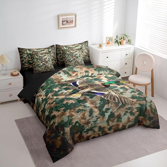 Erosebridal Duck Camo Comforter Set 7-Piece Bed in a Bag Twin | Mallard Ducks Bedding Sets Mens Rustic Cabin Comforter and Sheet Set, Woodland Animals Farmhouse Room Decor,Country Duck Hunting Decor